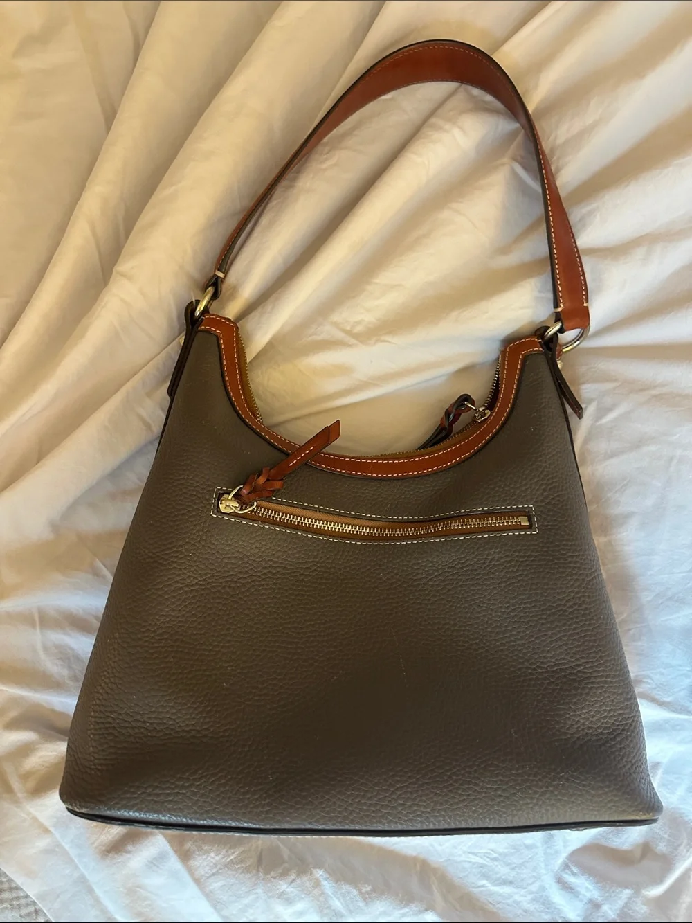Dooney & Bourke Taupe Pebbled Leather Shoulder Bag with Brown Trim